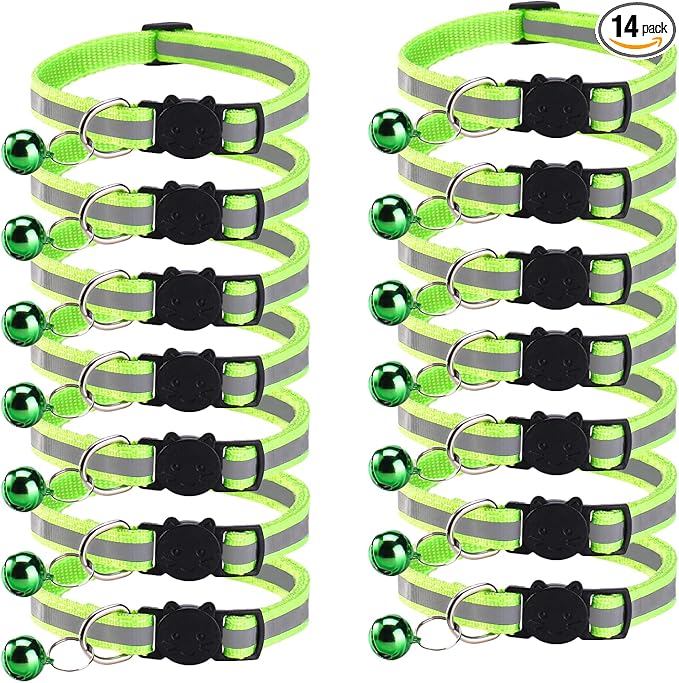 14 Pack Breakaway Cat Collar with Bell, Reflective Kitten Collar for Girl Boy Cats, Safety Buckle Adjustable 7.5-12.5 Inch, 0.4 Inch Width Lightweight, Pet Gifts (Fluorescent Green)