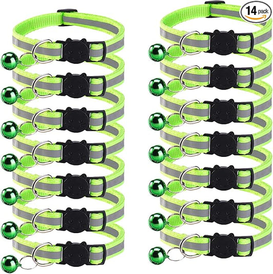 14 Pack Breakaway Cat Collar with Bell, Reflective Kitten Collar for Girl Boy Cats, Safety Buckle Adjustable 7.5-12.5 Inch, 0.4 Inch Width Lightweight, Pet Gifts (Fluorescent Green)