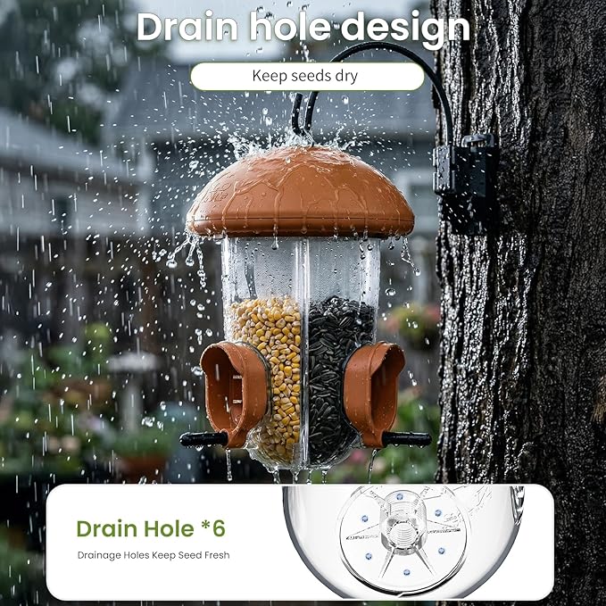 LONA Bird Feeders for Outdoors Hanging – 3 Separate Compartments, 3 Feeding Ports, Weatherproof Dome & 3 Ways to Hang, Large Capacity for Cardinals/Finches (Brown，Plus