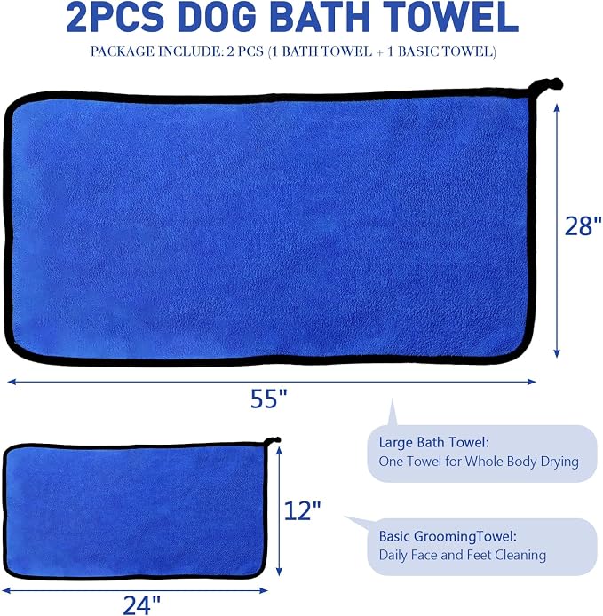 2 Pcs Dog Towels for Drying Dogs Super Absorbent Dog Bath Towel Microfiber Puppy Drying Towel Soft Dog Blanket Quick Dry Pet Grooming Towels for Large Medium Small Dogs