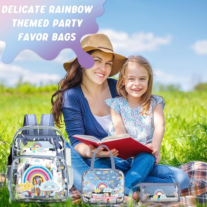 Kacctyen 3 Pcs Clear Backpack Heavy Duty Clear Stadium Bag Transparent Backpack with Lunch Bag(Blue Purple,Rainbow)