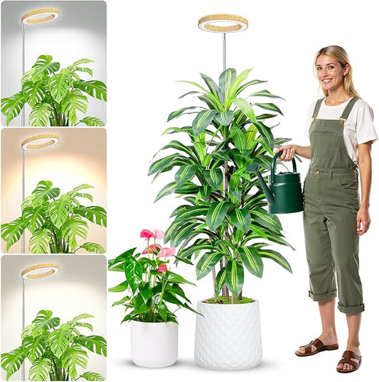 Aokrean Grow Lights for Indoor Plants, Full Spectrum Plant Lights for Indoor Growing, Height Adjustable 10"-65" Faux Wood Grain Grow Lamp with 6/12/16H Timer, 3 Optional Spectrums, 5 Brightness