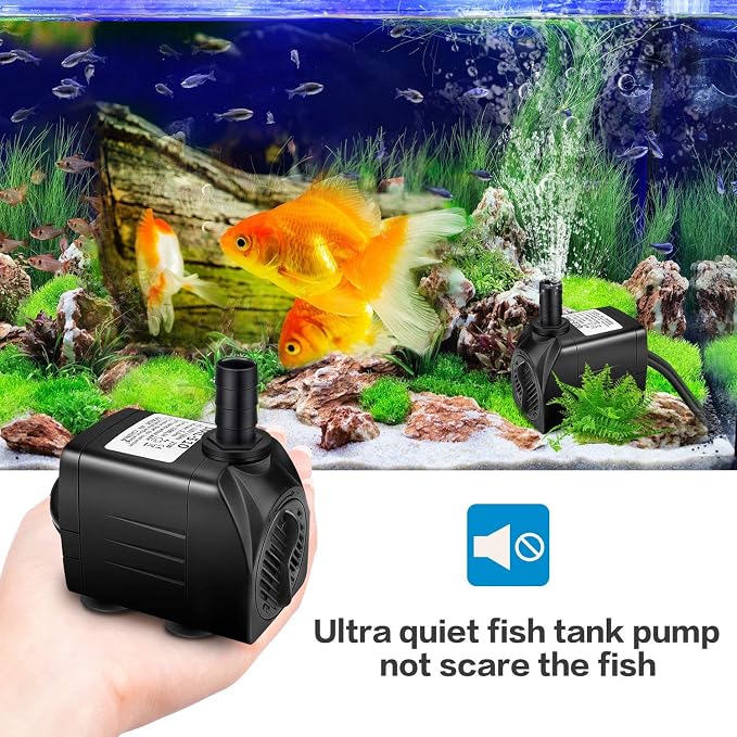 Jhua Water Fountain Pump 300GPH (1100L/H, 21W) Submersible Water Pump, Ultra Quiet Fountain Pumps Submersible Outdoor with 5.9ft Power Cord, 3 Nozzles for Aquarium, Tank, Pond, Statuary, Hydroponics