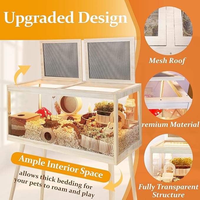 PROLEE Hamster Cage Chewproof, Mice and Rat Habitat with Transparent Sides, Hamster Cage with Openable Mesh Top, Solid Built with Lock Design and Leg Stand, 32" Long
