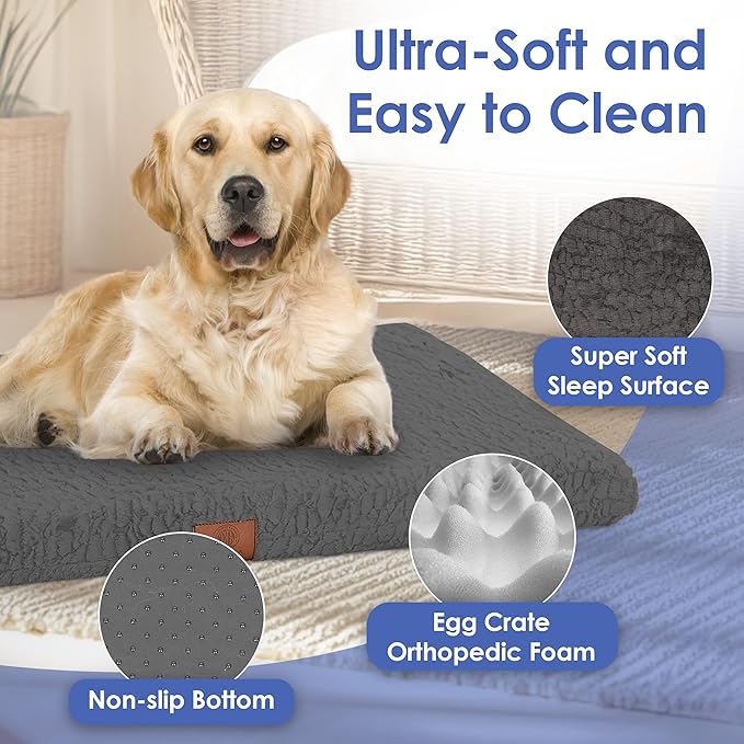 American Kennel Club Orthopedic Memory Foam Dog Crate Mat, Egg Crate Foam Cushion, Washable Cover, Non-Slip Base, Eases Joint Pain, Breathable, Durable, 42x27, Gray