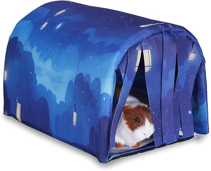 IBWell Guinea Pig Hideout Tunnel with Curtains Cute Starry Sky Bunny Hideaway for Cage Accessories Washable Soft Hedgehog Hides and Houses