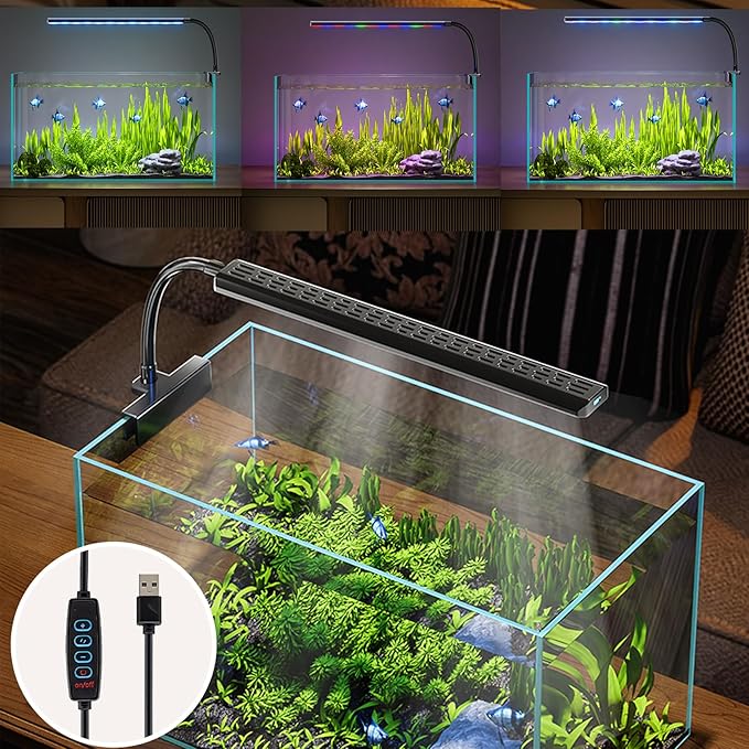 Clip On Aquarium Light for 1-5 Gallon Small Fish Tank – 3 Colors & 10 Dimmable Brightness Levels, Flicker-Free Full Spectrum LED Fish Tank Light with USB for Betta, Desktop, Nano Tank