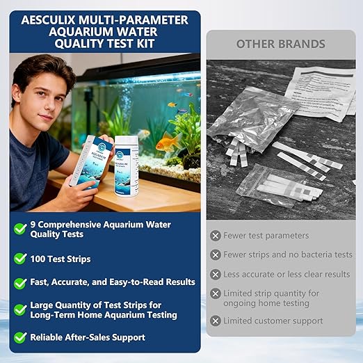 9 in 1 Aquarium Test Strips, 100 Count, Fish Tank Water Test Kit for Freshwater & Saltwater, Tests Nitrate, Nitrite, pH, KH, Total Alkalinity, Hardness, Free Chlorine, Copper & Phosphate