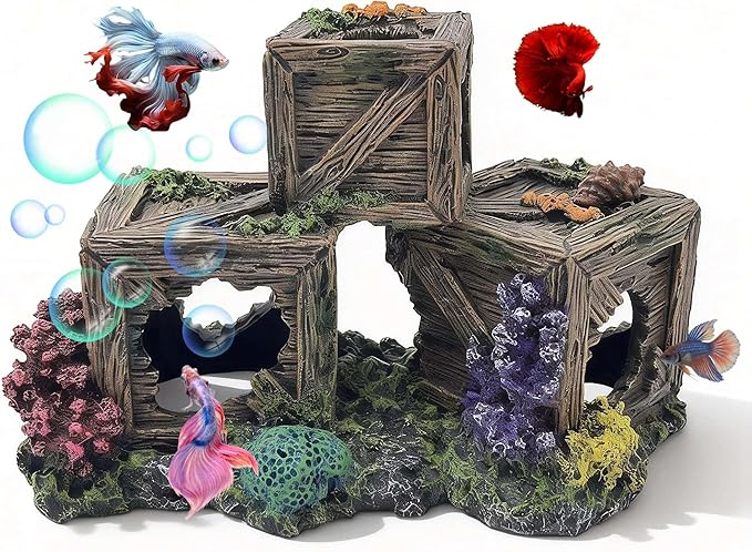 Fish Tank Decorations Hideout for Betta, Shrimp & Guppies – Two-Level Wooden Crate with Realistic Coral, Sponge & Seaweed, Stable Rock Base, Aquarium-Safe Resin - 8.5x4.3x4.9 Inch