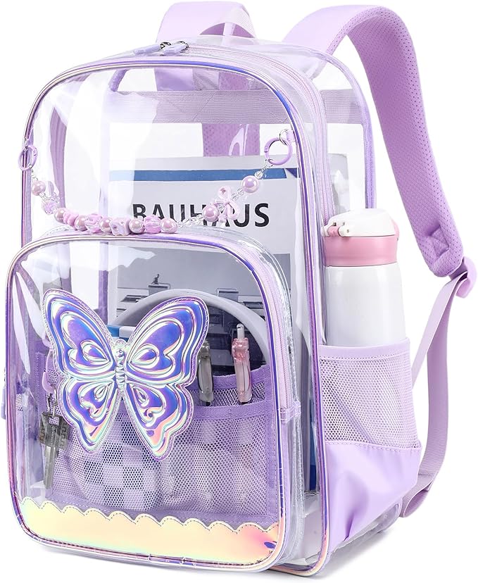 MUSEVOS Clear Backpack, Clear Bookbag for School PVC Heavy Duty Transparent Backpack for Girls, Purple Butterfly