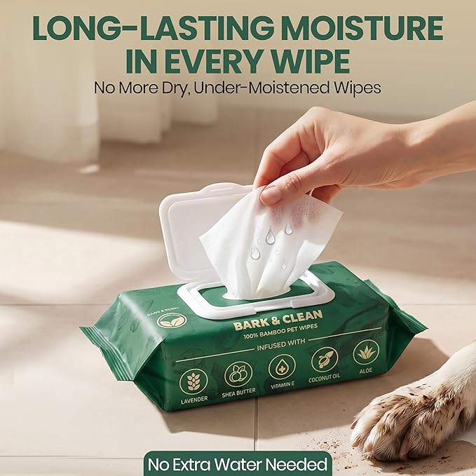 Bark & Clean Dog Wipes for Cleaning and Deodorizing - 2 Pack of 110 8.5" x 9" Bamboo Pet Wipes - Compostable, Hypoallergenic Puppy Wipes - Dog Wipes for Paws, Butt, and Body