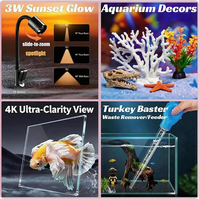 Ultra-Clear Glass Rimless Black Small Fish Tank Kit | 2Gal Nano Desktop Fish Tank with Light Cleaning Tool & Décors,Small Fish Aquarium for Betta,Shrimp,Small Fish