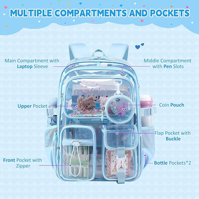 Clear Backpacks for Stadium Events Heavy Duty Clear Bookbag for School Girls Transparent Back Pack, Blue