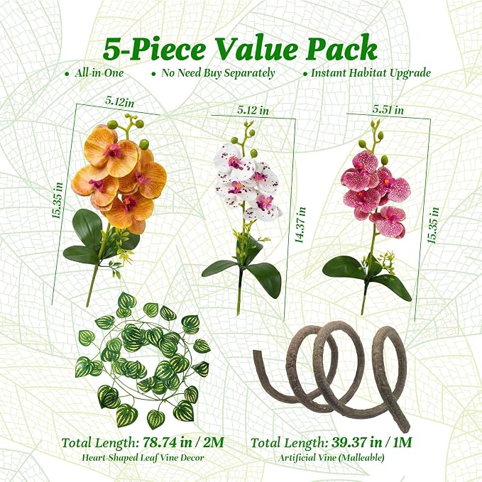 5 Pcs Reptile Plants & Habitat Decor Kit - 3 Artificial Phalaenopsis Orchid & Large 5ft Jungle Vine Branch, Terrarium Tank Decor & Climbing Accessories for Crested Gecko, Bearded Dragon
