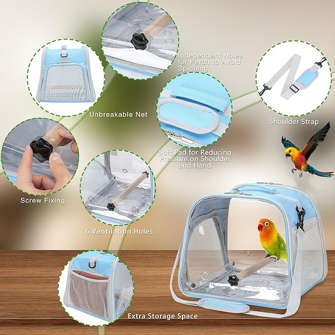 Small Bird Carrier, Large Window Travel Cage with Stand and Easy Clean Tray for Parrot Parakeet Cockatiels, Lightweight and Portable, Blue