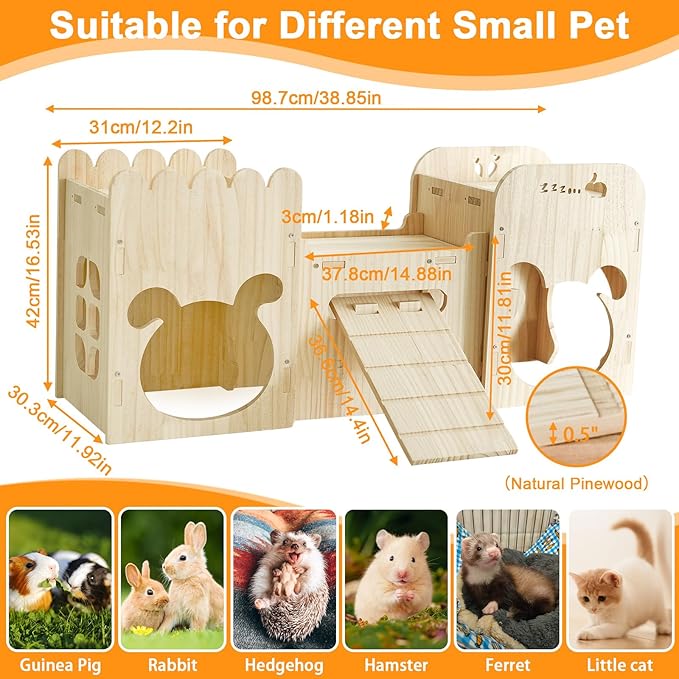 Large Natural Wooden Rabbit Castle,Bunny House,Detachable Rabbit Hideaway, Indoor Hamster Castle with Ramp, Small Animal Houses & Habitats for Guinea Pig Chinchilla Ferret