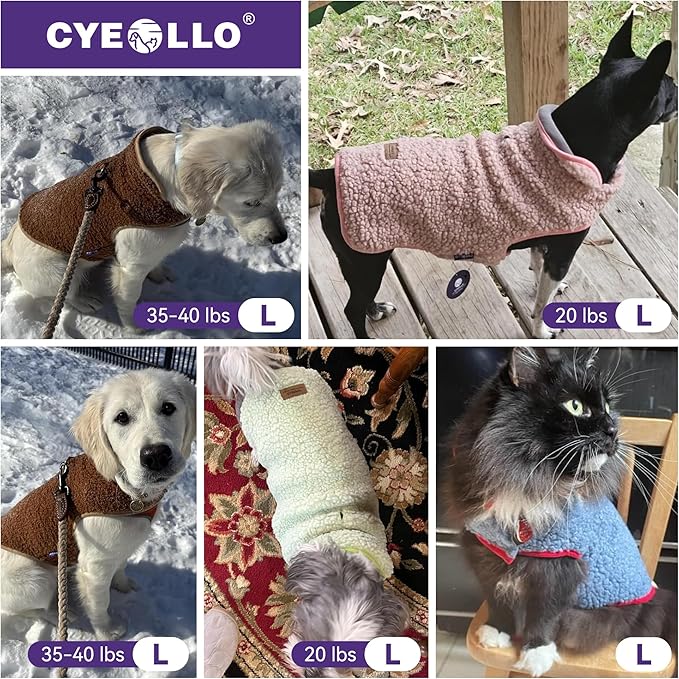 cyeollo Warm Dog Coat Reversible Dog Jacket Winter Fleece Sweater Winter Pet Apparel Jackets Sherpa Vest Sweater Cold Weather Doggie Coats for Small Dogs Cats, Blue L