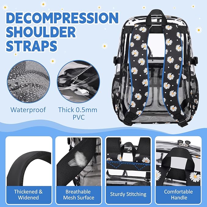Clear Backpacks for Stadium Events Heavy Duty Clear Bookbag for School Girls Transparent Back Pack, Black