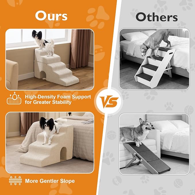 Dog Stairs for Small Dogs 16’’ H, 3-Step Dog Steps for Bed, Foldable Pet Stairs and Ramp for Dogs and Cats to Get on Beds, Couch, Non-Slip Balanced Pet Steps with Waterproof Cover, Beige