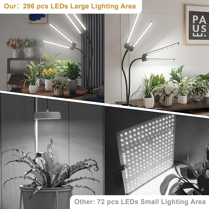 LED Grow Light,Super Bright 6000K White Full Spectrum Clip Plant Growing Lamp with Rotatable Dual Head for Indoor Desk Plants,Dimmable & Timer 4/8/12H,High Power Output for Faster Growth,2-Head
