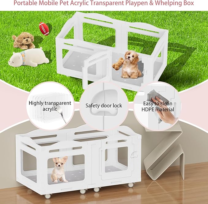 Acrylic Indoor Dog Playpen, Whelping Box with Pet Stroller, Puppy Playpen for Small Medium Pets, Cat Rabbit & Puppies, 6-Panel with Bottom Panel, 8 Wheels, Safe, Sturdy, White