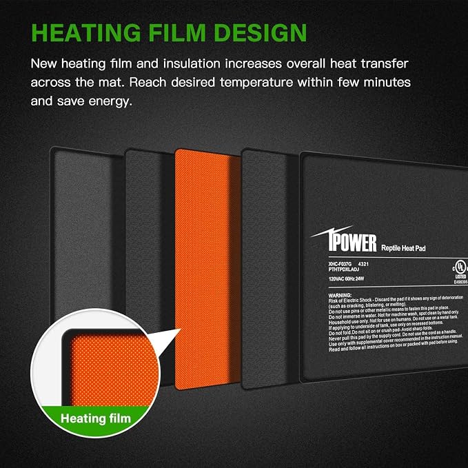 iPower 8 by 18-Inch 24 Watts Reptile Heating Mat with Temperature Controller Under Tank Warmer Terrarium Heat Pad for Reptiles and Amphibians, Black