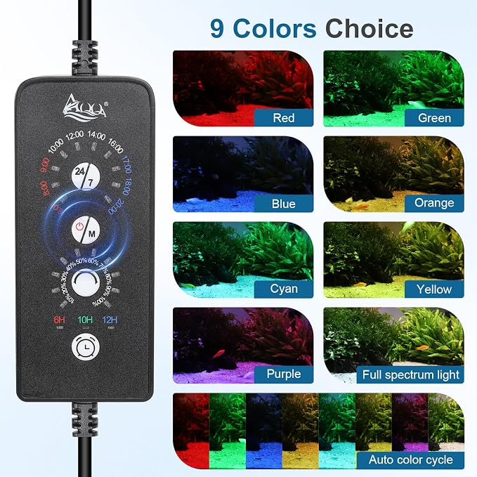 AQQA Clip On LED Aquarium Light with Timer, 24/7 Lighting Cycle Plant Light | 9 Light Colors, Adjustable Timer/Brightness, Adjustable Clamp, Memory Function, IP68 Waterproof, Fits 60–70 Inch Tanks