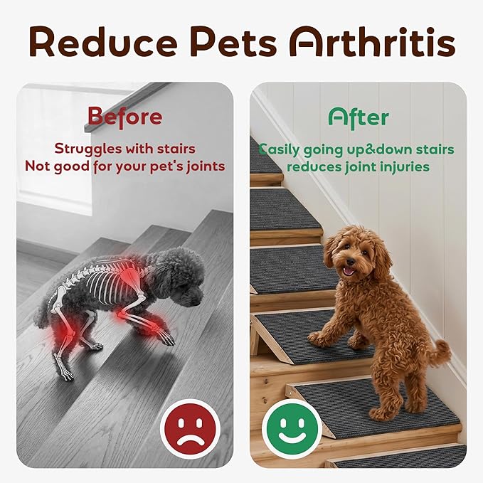 Adjustable Height Dog Ramp for Stairs (11cm/14cm), 3-Pack Solid Wood Pet Stair Ramp with High Traction Carpet, Indoor Dog Step for Small Breeds, Senior Dogs & Cats