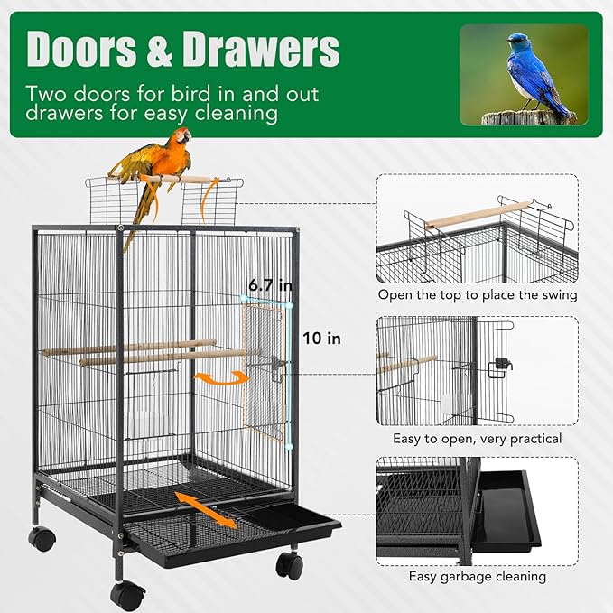 BestPet 35 inch Wrought Iron Bird Cage with Play Open Top and Rolling Stand,Large Parrot Cage Bird Cages for Parakeets,Cockatiel, Canary, Finch, Lovebird, Parrotlet,Pigeons (35 inch)