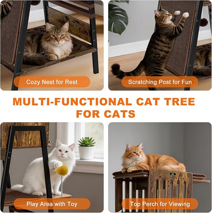 57 Inch Multi-Level Modern Cat Tree Tower with Hammock & Scratching Ramp - Wooden Heavy-Duty Cat Tower for Large Cats & Multi-Cat Households, Easy to Clean (Brown)