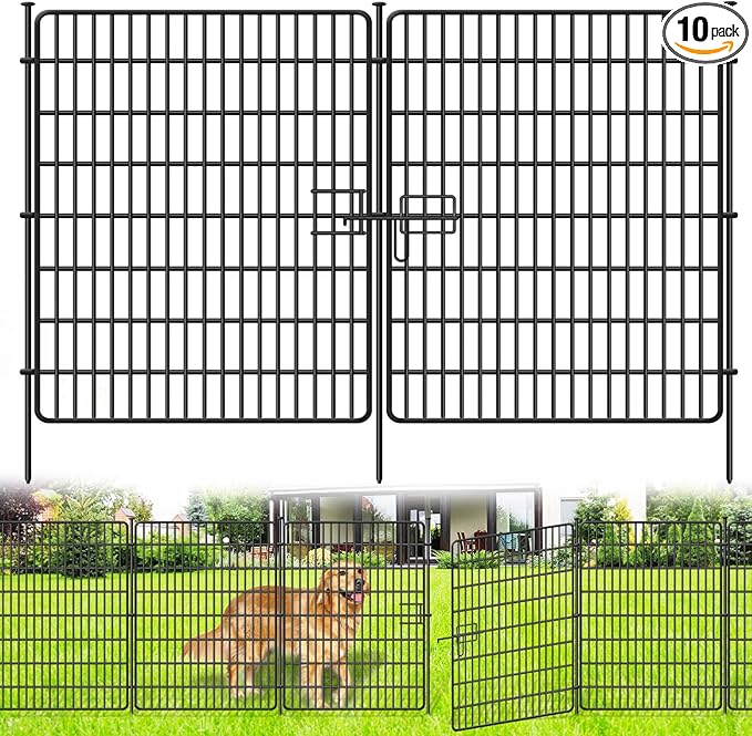 10 Panels No Dig Fence with Gate, 40 in(H) X 24 ft(L) Garden Decorative Fence Animal Barrier for Dogs, Rustproof Metal Garden Edging Border for Outdoor, Yard, Patio, Black