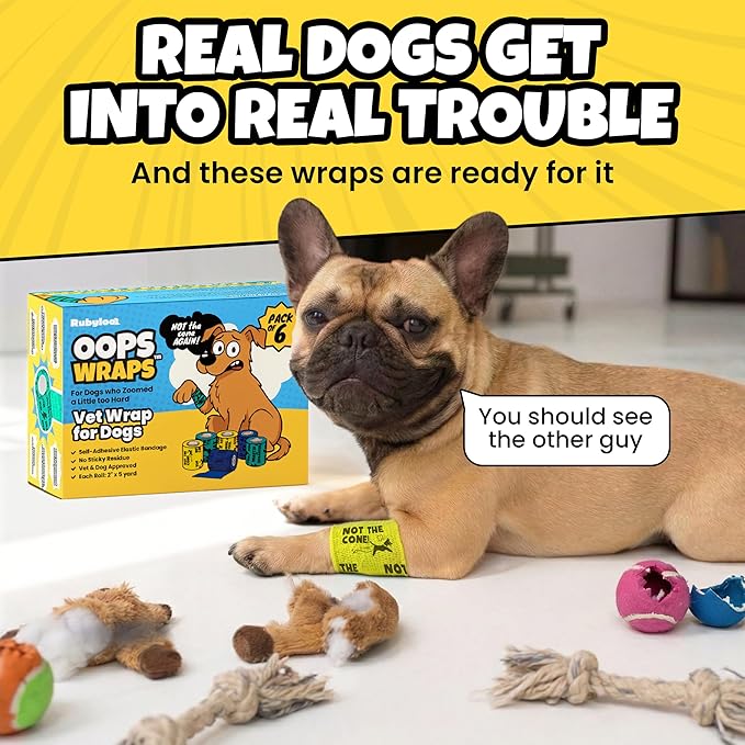 Vet Wrap for Dogs – Funny Dog Bandage for Wounds – Boys 6 Pack 2" Self-Adhesive Vet Tape – Breathable Pet Wrap Bandage for Hot Spots & Injuries – Dog First Aid Kit Supplies – Oops Wraps by Rubyloo