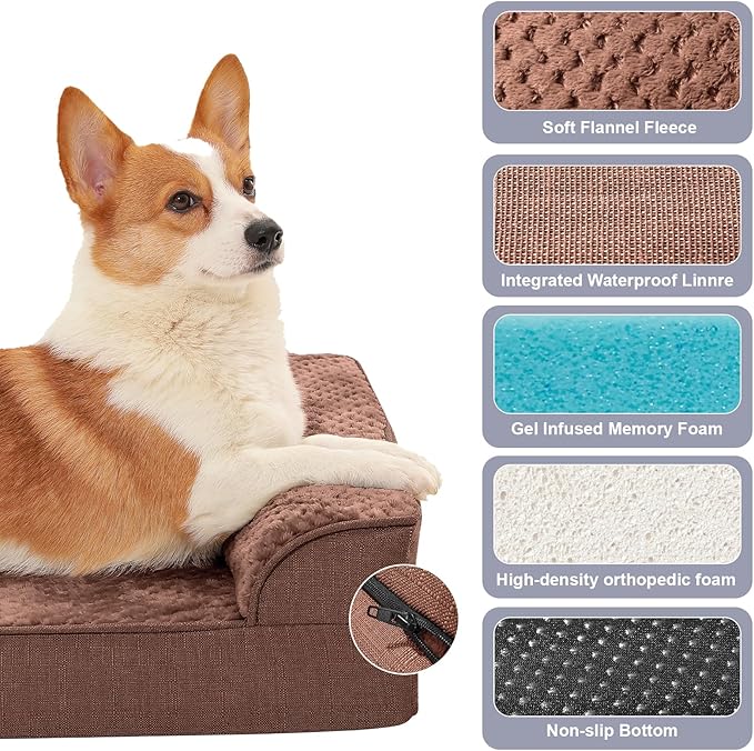 Rainmr Orthopedic Dog Bed Medium Size Dog, Memory Foam Dogs Bed for Medium Dogs, Washable Removable Cover, Nonskid Bottom, Waterproof, for Indoor, Outdoor, Crate ＆ Car Use, 35x23x6 Inches, Brown Grey