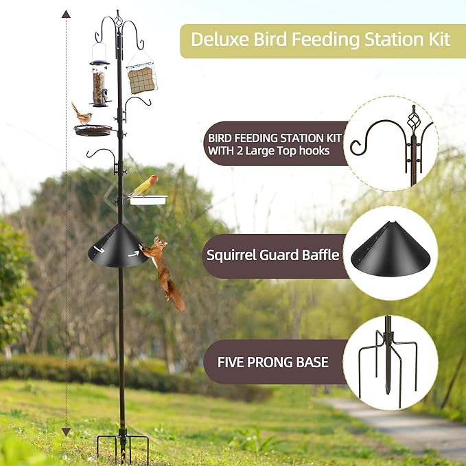 Bird Feeder Pole with Squirrel Baffle - Deluxe Feeder Station Kit Includes Suet Cage, Wild Bird Feeders & Planter Hanger for Garden, Yard