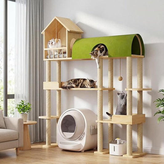 Cat Tree for Automatic Litter Box, 60Inch Large Cat Tower for Heavy Cats up to 22lbs, Solid Wood Cat Shelf with Condo, Space-Saving for Indoor Multi-Pet Households, Stops Furniture Scratching