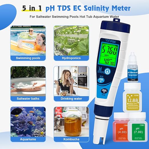 Salt Meter for Pools & pH Meter,Digital 5 in 1 Salinity Meter | Swimming Pool Salinity Meter,EC/TDS Meter for Hydroponic Household Drinking Water Hot Tub Aquarium Brewing/Fish Tank…
