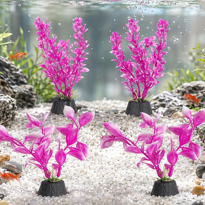 4PCS Pink Fish Tank Decor Set, Silk Plants for Betta Fish Tank, Aquarium Plants Decorations, 4PCS Set for Small Aquariums, Creating Resting Spots and Reducing Fish Stress