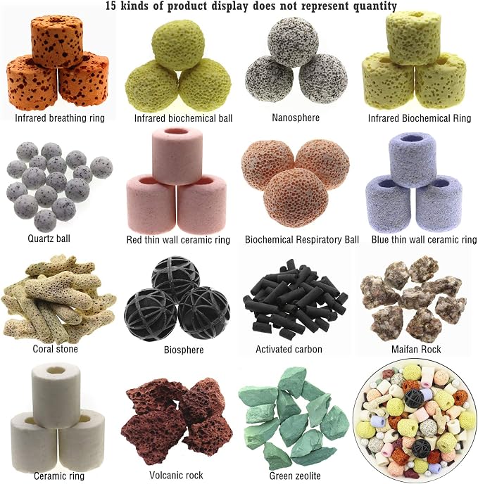 Aquarium Filter Media 15-in-1 Mineral Balls & Ceramic Rings - 500g with Zippered Mesh Bag for Fish Tank/Pond Filters