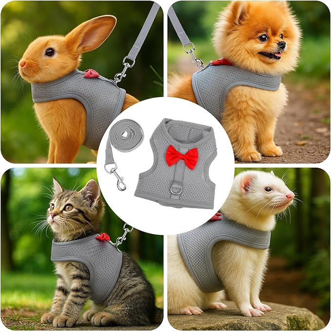 Rabbit Harness and Leash Set,Bunny Leash for Walking Escape Proof,Bunny Clothes with Cute Bow Mesh Breathable Adjustable Vest Rabbit Harness Camping Hiking Training for Ferret Kitten Puppy (Grey M)