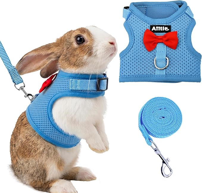 AIITLE Rabbit Harness and Leash Set with Cute Bow, Soft Breathable Mesh Vest Harness for Rabbits Kitten Ferret Puppy Small Pets Walking Supplies Blue L