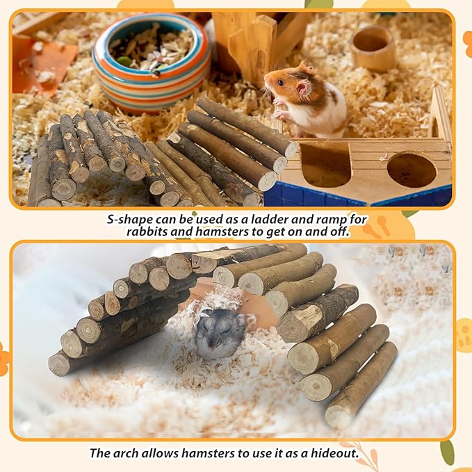Hamiledyi Wooden Hamster Bridge Ladder 13.4" L x 7.5" W Large Climbing Toy Natural Hideout Tunnel Ramp Hamster Cage Accessories for Rabbits Guinea Pigs Ferret Tortoise Reptile (Pack of 2)