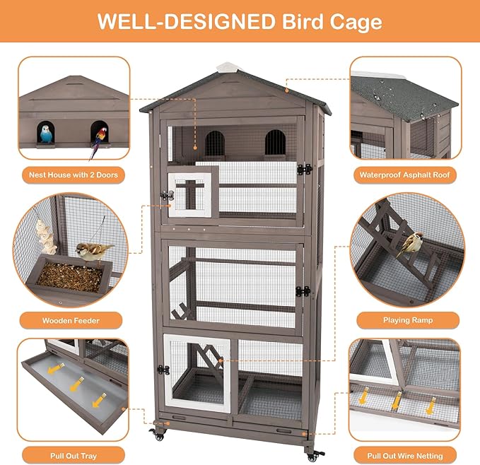 Gowoodhut 68.8"L Outdoor Bird Aviary Indoor Wooden Large Bird Cage Parakeet Cage on Wheels,Removable Wire Netting Slide Pull Out Tray, 2 Perches, Nest House,Ideal for Small Birds,Finches,Parrots,Grey
