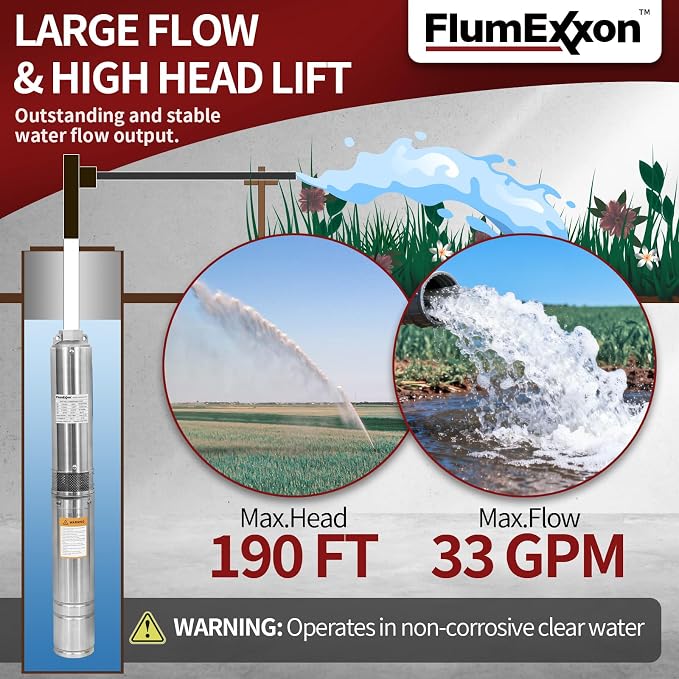 1HP Deep Well Submersible Pump 230V/60Hz, 33GPM, 190ft Head, with 33ft Cable, Stainless Steel Water Well Pump for 4'' Deep Well, Industrial, Irrigation and Home Use Submersible Well Pumps