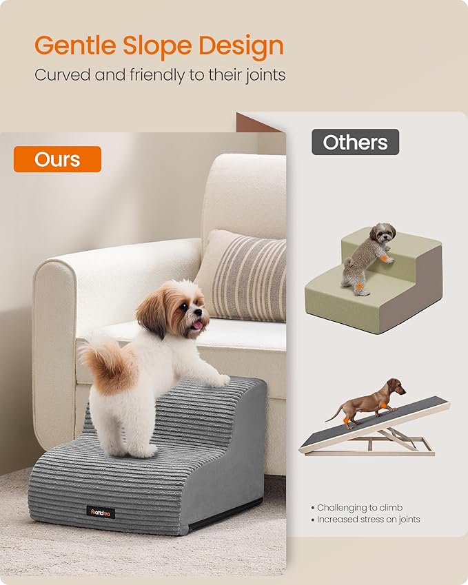 Feandrea 2-Step Dog Stairs, Dog Steps for Bed, Sofa, Waterproof Pet Stairs with Anti-Slip Designs, Gentle Slope, Removable Washable Cover, Handle, Dove Gray UPPS002G01