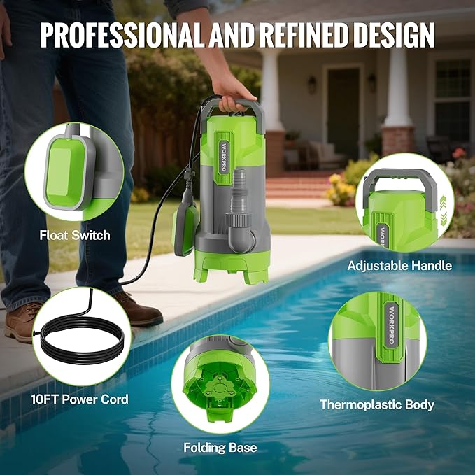 WORKPRO Sump Pump, 1HP 4500 GPH Submersible Water Pump with Automatic Float Switch for Transferring Clean or Dirty Water, A Water Pump for Pool Draining, Flooded Basement, Pond, and Garden Irrigation