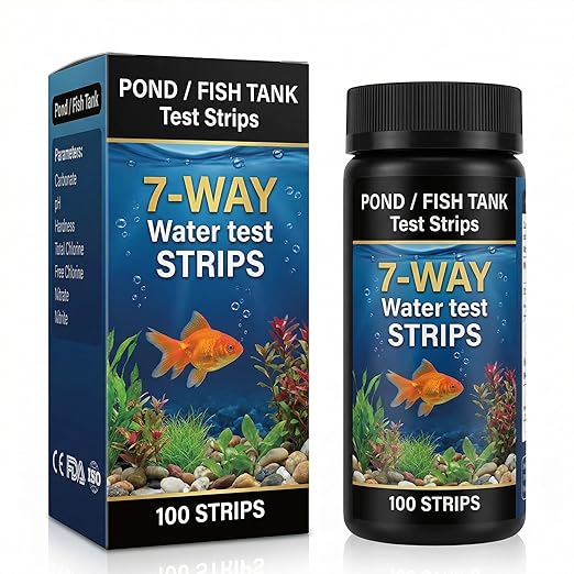7-in-1 Pond & Fish Tank Test Strips - 100 Count | Fast 30s Water Test Kit for Carbonate, pH, Hardness, Chlorine, Nitrate, Nitrite | Freshwater & Saltwater Aquariums