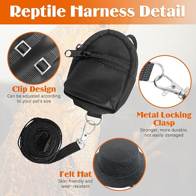 PINVNBY 5 Pack Bearded Dragon Leash and Harness Set Bearded Dragon Leash Backpack with Adjustable Hat & Bow Tie Mini Skateboard Toy Reptile Accessories for Lizard Reptile Outdoor Adventures