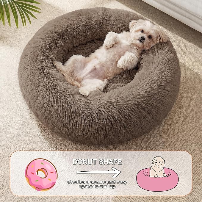 WROS Calming Dog Bed, 20" x 20" x 6" Fits Cat & Dog, Anti-Slip Round Washable Faux Fur for Doze Off, Napping Orthopedic, Khaki