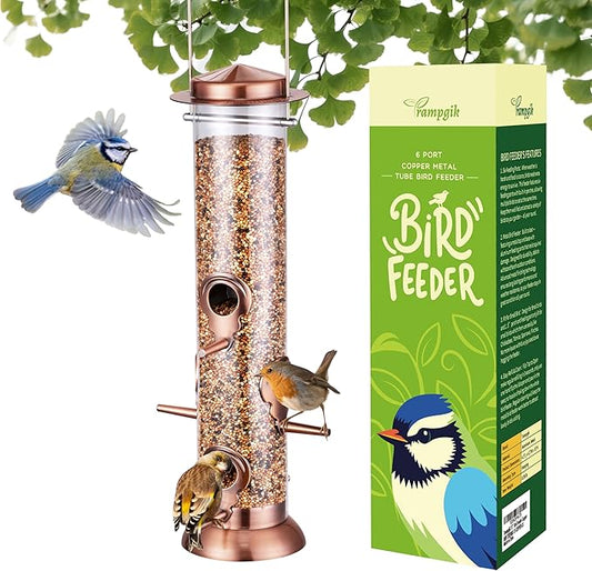 Bird Feeders for Outdoors,13 Inch 6 Ports Squirrel Proof Bird Feefers,Finch Feeder for Outside,Chew-Proof Metal Hanging Bird Feeder,Rust-Proof,Easy to Refill & Clean,Copper,Pack of 1