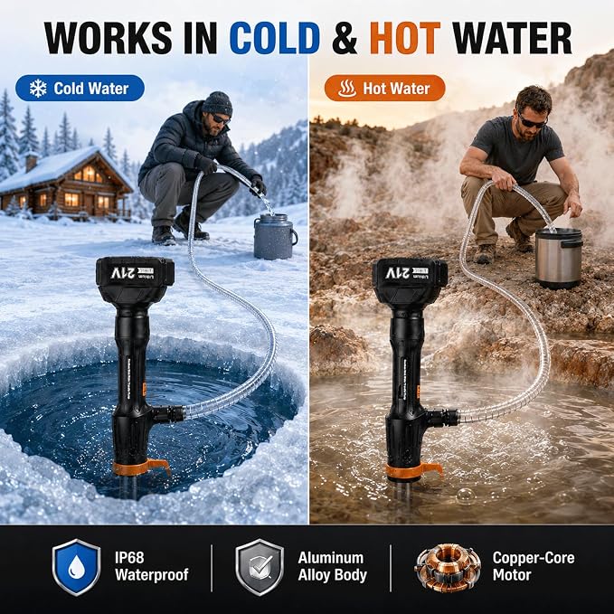 Cordless Stick Water Transfer Pump 770 GPH with 2 4.0Ah Batteries (Orange) | 2X4 Ah Batteries, 32ft Lift, 11.5 FT Hose & 8-Mode Nozzle, For Hot Tub, Pool, Basement
